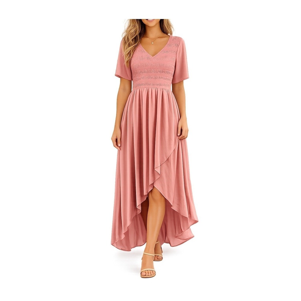 Zattcas Womens Smocked High Low Maxi Dress Dusty Rose V-Neck Short Sleeve S